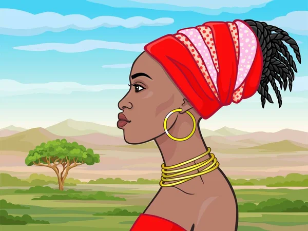 Retrato Animação Bela Menina Africana Turbante Vista Perfil Desenho Cores — Vetor de Stock