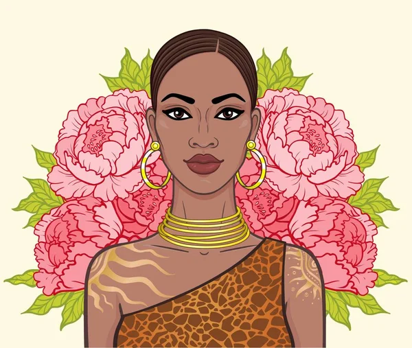 Animation Portrait Beautiful Black Woman Wreath Flowers Color Drawing Vector — Stock Vector