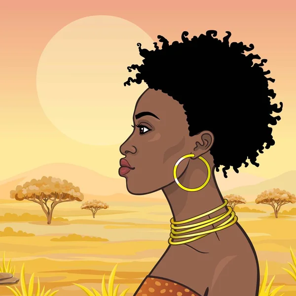 动画肖像的年轻美丽的非洲女人在古老的衣服和珠宝 配置文件视图 彩色绘图 风景大草原 向量例证 — 图库矢量图片