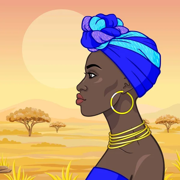 Retrato Animación Joven Mujer Africana Con Ropa Antigua Joyas Vista — Vector de stock