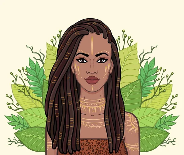 Retrato Animación Hermosa Mujer Negra Corona Hojas Tropicales Amazonas Guerrera — Archivo Imágenes Vectoriales