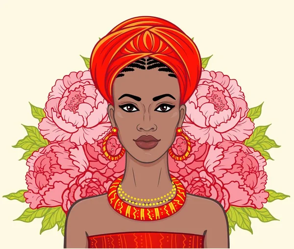 アニメーションの美しい黒人女性 花の花輪の肖像画 赤で女性 カラー描画します ベクター画像は ベージュ色の背景に分離します ポスター シャツ カード — ストックベクタ