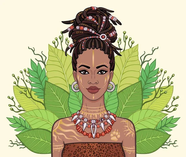 动画肖像美丽的黑人妇女 热带树叶的花环 亚马逊 彩色绘图 在米色背景上隔离的向量插图 — 图库矢量图片