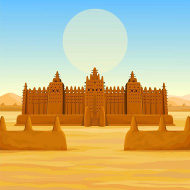 Afrika mimarisi. Animasyon antik binadan kil. Arka plan - bir manzara çöl, gökyüzü, güneş sembolü. Çizim rengi. Vektör çizim.