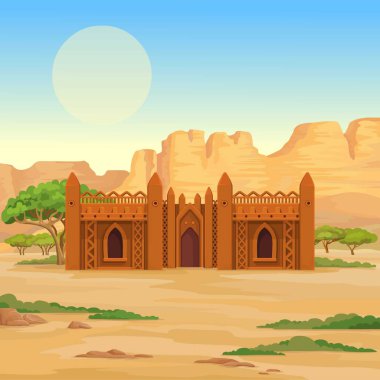 Afrika mimarisi. Animasyon antik binadan kil. Arka plan - bir manzara çöl, gökyüzü, güneş sembolü. Çizim rengi. Vektör çizim.