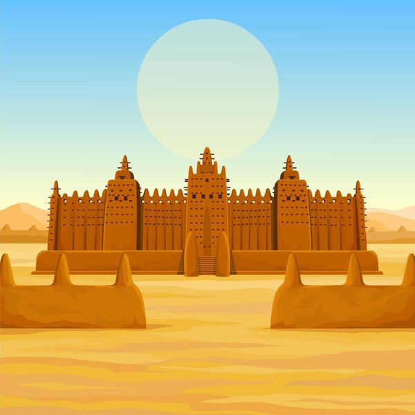 African architecture. The animation ancient building from clay. Background - a landscape the desert, the sky, a symbol of the sun. Color drawing. Vector illustration.