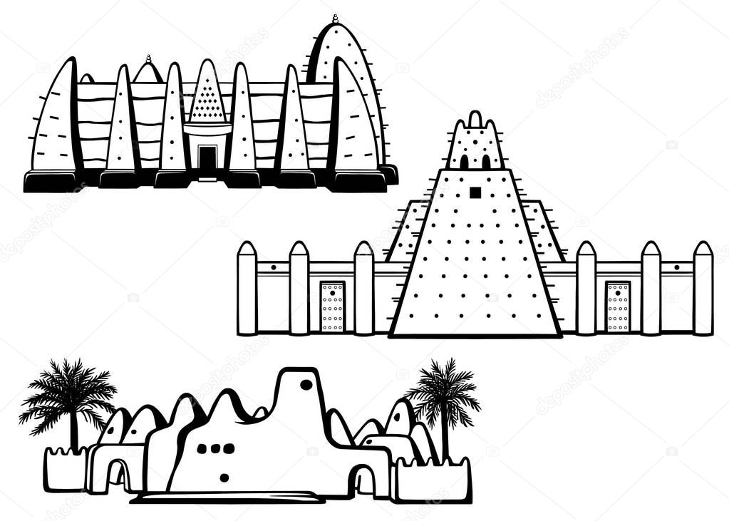 Set of buildings African architecture. House, mosque, ancient dwelling. Monochrome drawing isolated on a white background.  Vector illustration.