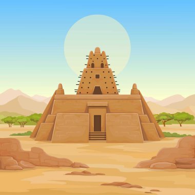 Afrika mimarisi. Animasyon antik binadan kil. Arka plan - bir manzara çöl, dağlar, gökyüzü, güneş sembolü. Metni için bir yer. Çizim rengi. Vektör çizim.