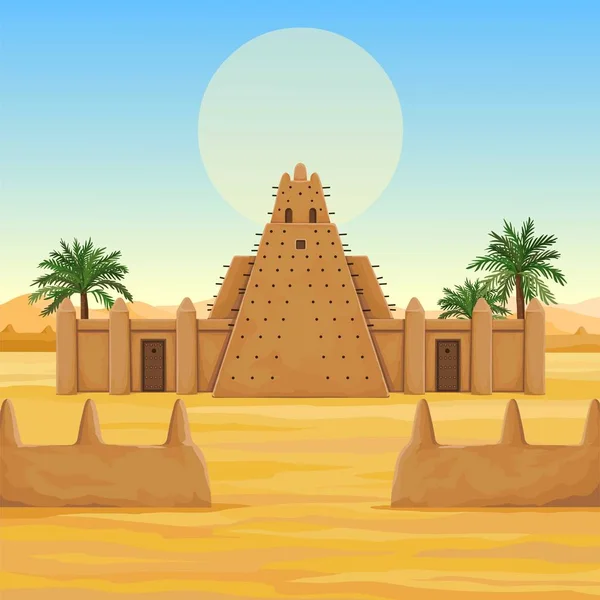 非洲建筑 动画古建筑从粘土 沙漠的风景 太阳的象征 文本的位置 彩色绘图 向量例证 — 图库矢量图片