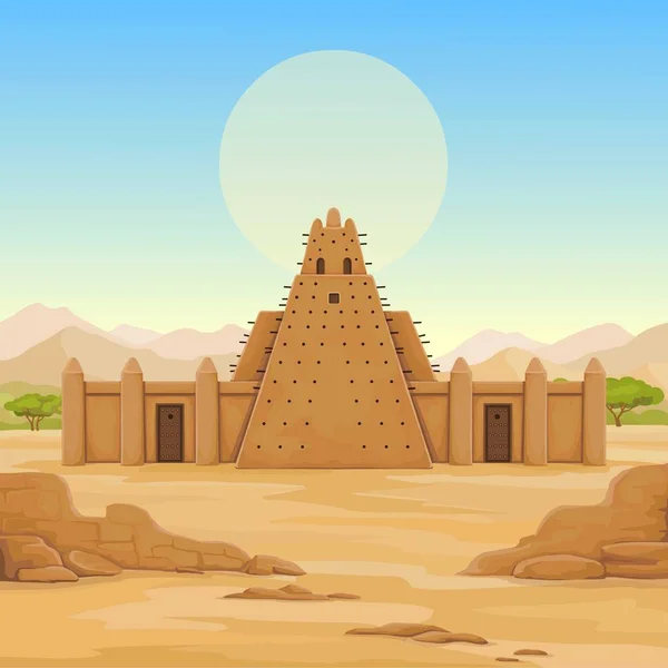 Arquitectura Africana Animación Antigua Construcción Arcilla Fondo Paisaje Desierto Las — Vector de stock