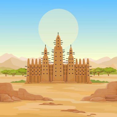 Afrika mimarisi. Animasyon antik binadan kil. Arka plan - bir manzara çöl, dağlar, gökyüzü, güneş sembolü. Metni için bir yer. Çizim rengi. Vektör çizim.