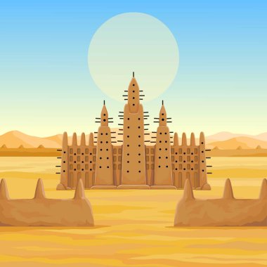African architecture. The animation ancient building from clay. Background - a landscape the desert, the sky, a symbol of the sun. Place for the text. Color drawing. Vector illustration. clipart