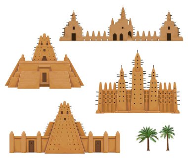 Bina African mimari kümesi. Ev, cami, eski konut. Beyaz bir arka plan üzerinde izole çizim renk. Vektör çizim.