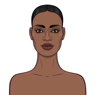 Animasyon genç güzel Afrikalı kadın portresi. Çizim rengi. Şablon olarak kullanmak. Beyaz bir arka plan üzerinde izole vektör çizim.