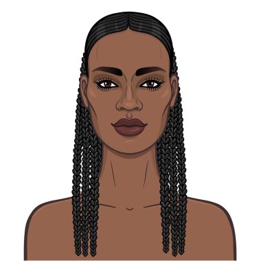 Animasyon genç güzel Afrikalı kadın portresi. Çizim rengi. Şablon olarak kullanmak. Beyaz bir arka plan üzerinde izole vektör çizim.