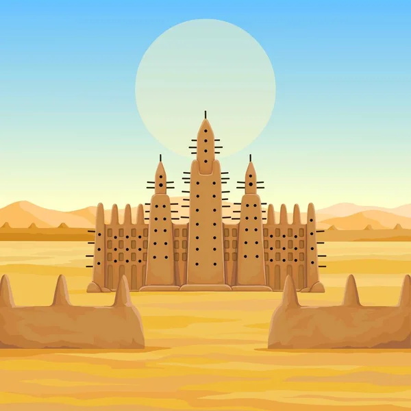 Arquitectura Africana Animación Antigua Construcción Arcilla Fondo Paisaje Desierto Cielo — Vector de stock