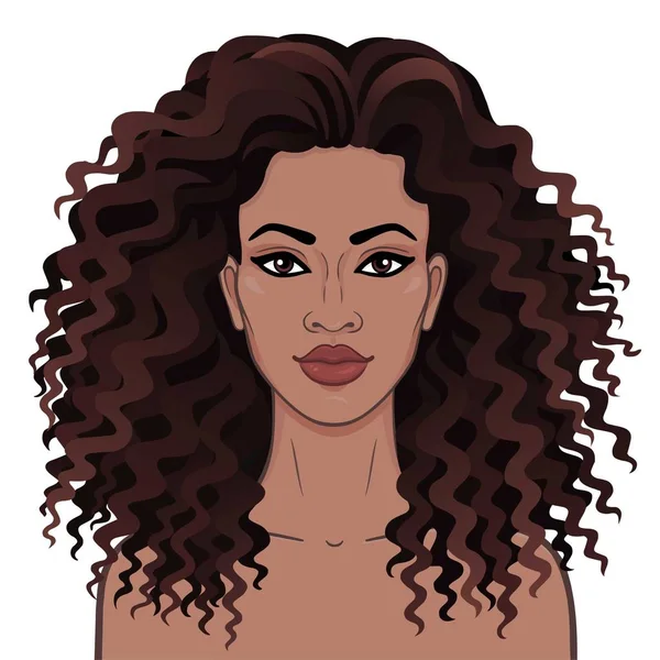 非洲之美 卷发的年轻美丽的黑人妇女的动画肖像 彩色绘图 模板供使用 在白色背景上被隔绝的向量例证 — 图库矢量图片