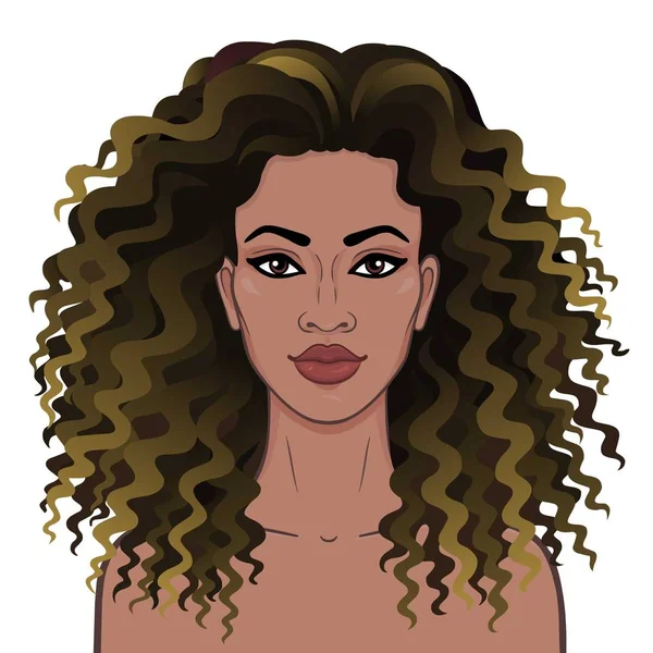 Afrika Güzeli Animasyon Kıvırcık Saçlı Genç Güzel Siyah Kadın Portresi — Stok Vektör