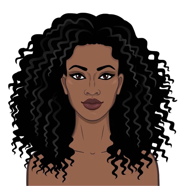 African Beauty Animation Portrait Young Beautiful Black Woman Curly Hair — Stock Vector