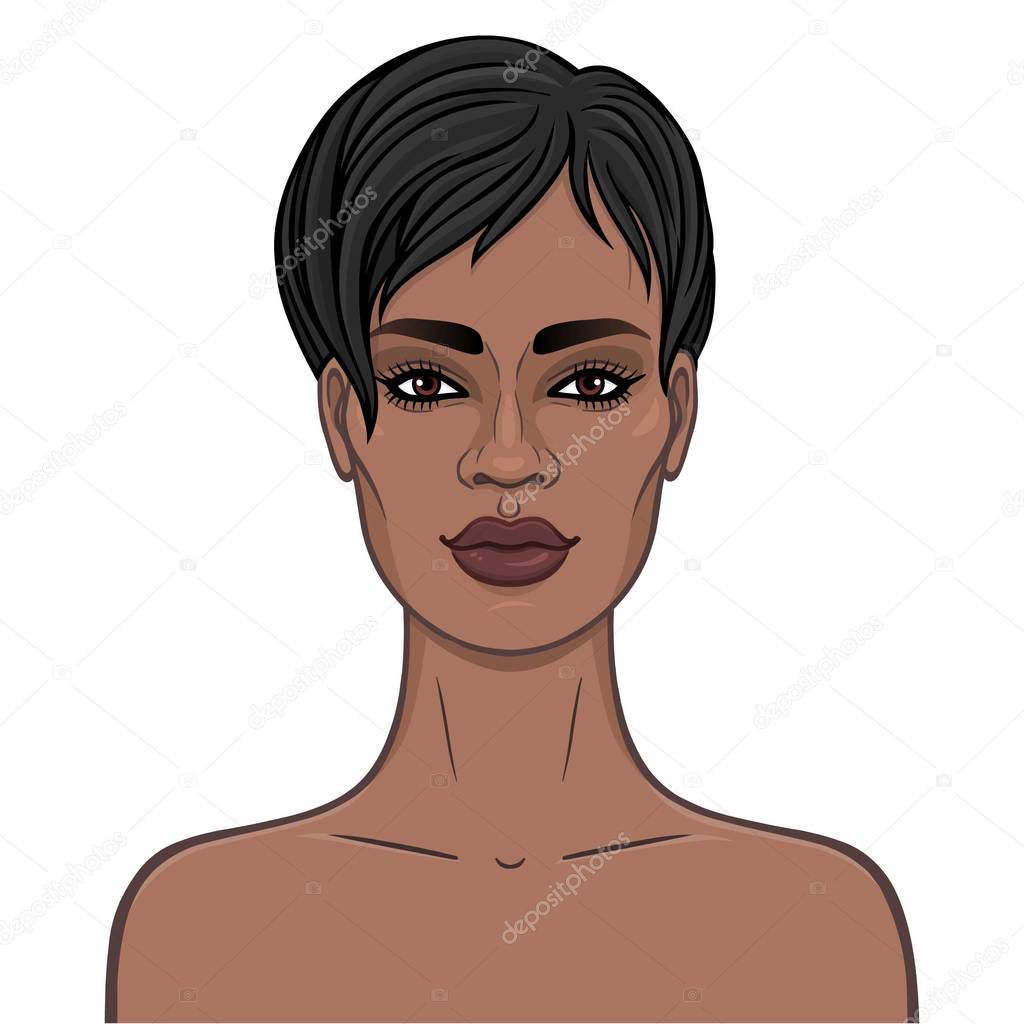 Animation portrait of the young beautiful African woman. Color drawing. Template for use. Vector illustration isolated on a white background.