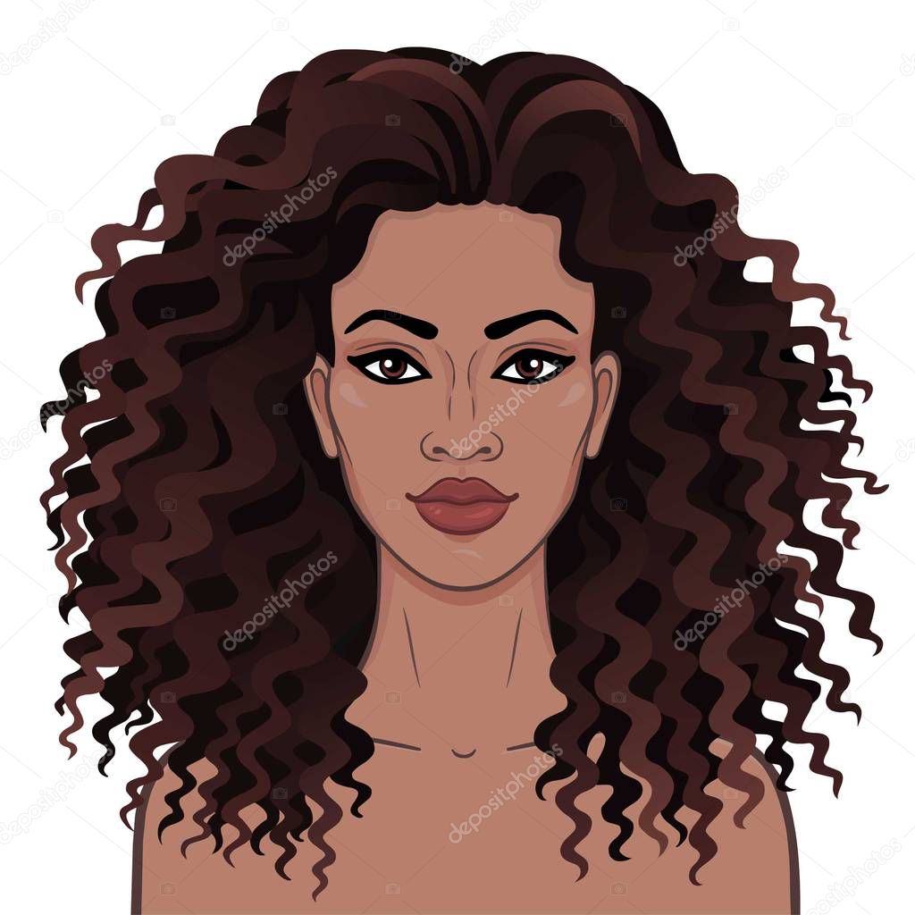 African beauty. Animation portrait of the young beautiful black woman with curly hair. Color drawing. Template for use. Vector illustration isolated on a white background.