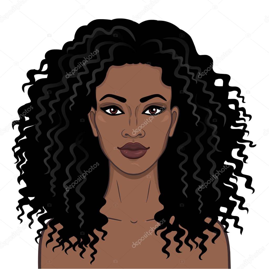 African beauty. Animation portrait of the young beautiful black woman with curly hair. Color drawing. Template for use. Vector illustration isolated on a white background.