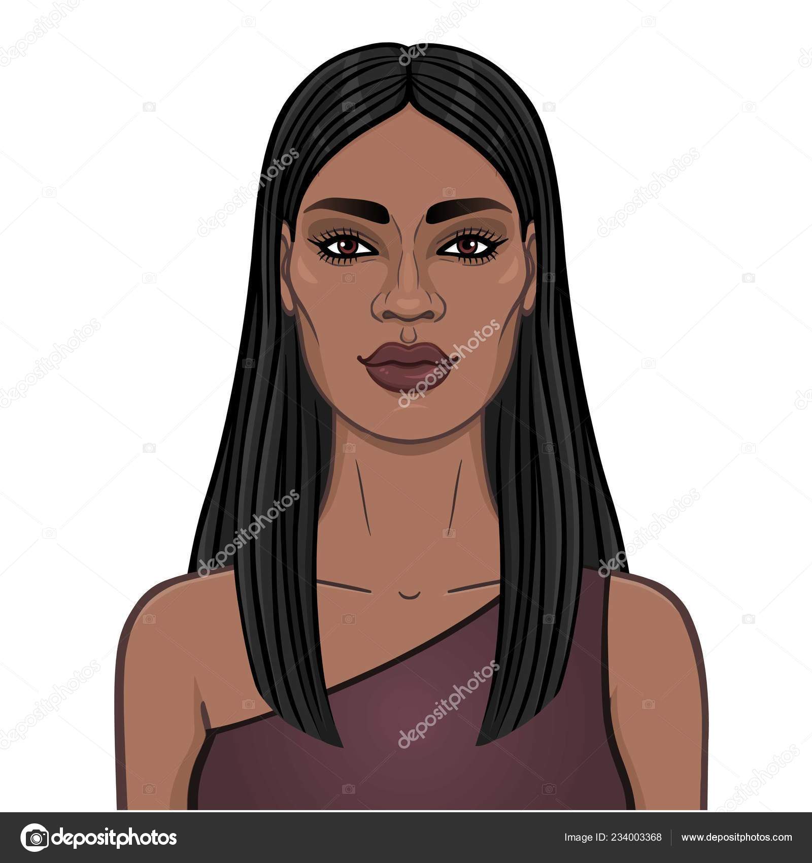 Animation Portrait Young Beautiful African Woman Long Black Hair