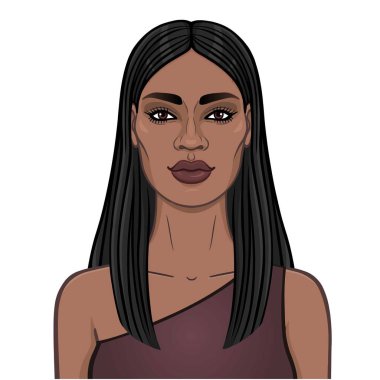 Animasyon uzun siyah saçlı Genç güzel Afrikalı kadın portresi. Çizim rengi. Şablon olarak kullanmak. Beyaz bir arka plan üzerinde izole vektör çizim.