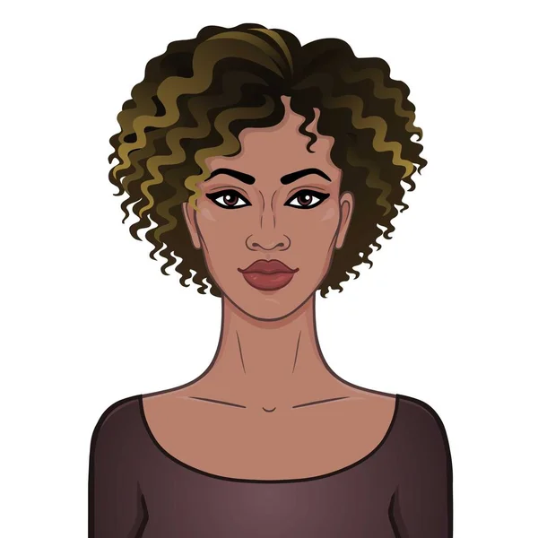 African Beauty Animation Portrait Young Beautiful Black Woman Curly Hair — Stock Vector