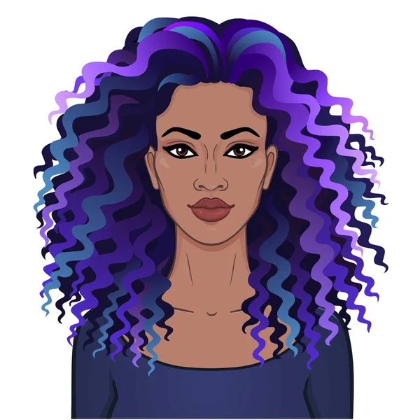 Afrika Güzeli Animasyon Kıvırcık Mavi Saçlı Genç Güzel Siyah Kadın — Stok Vektör