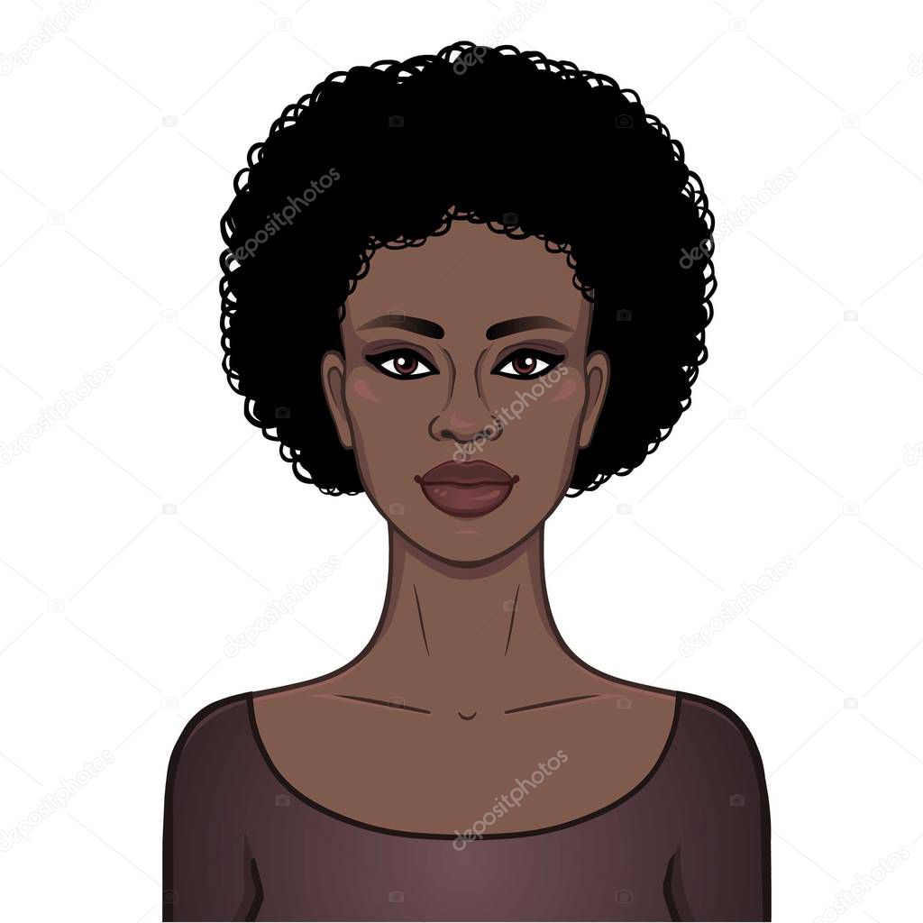 African beauty. Animation portrait of the young beautiful black woman with curly hair. Color drawing. Template for use. Vector illustration isolated on a white background.