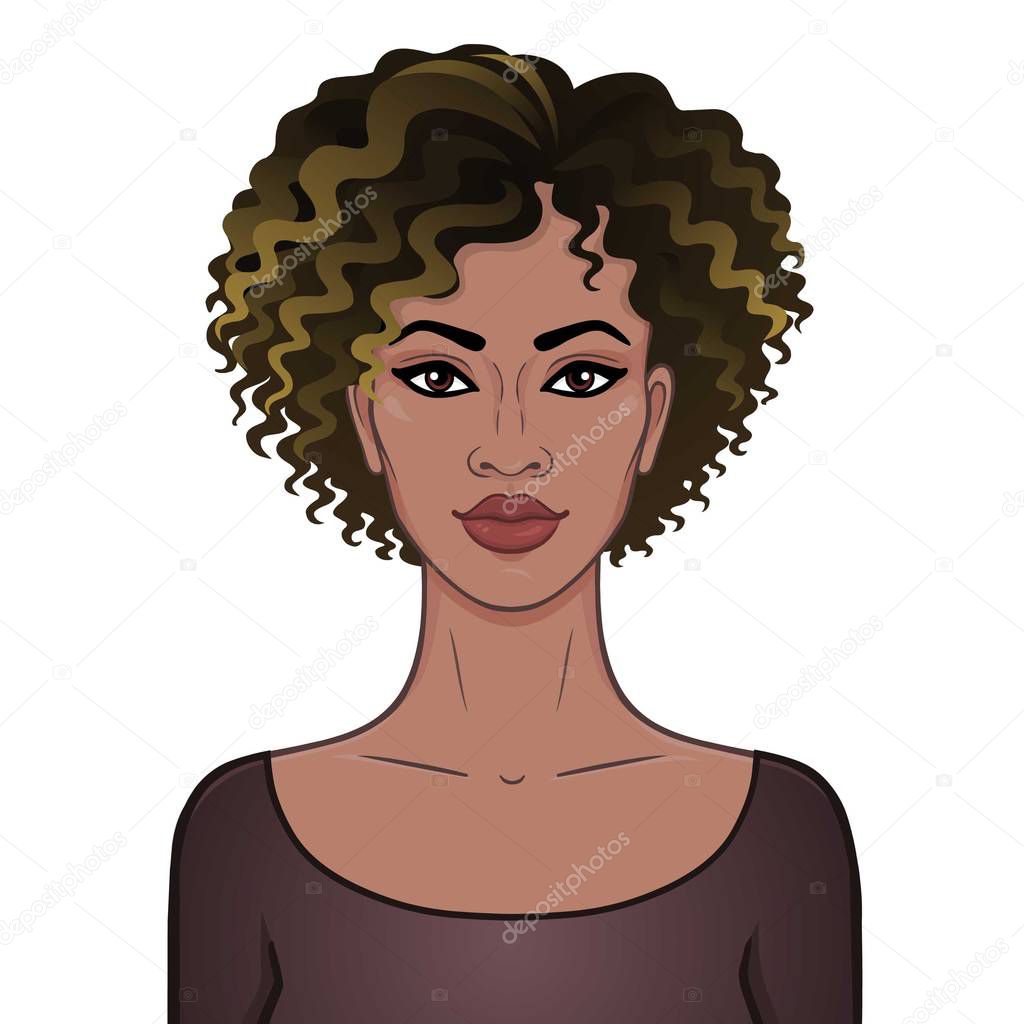 African beauty. Animation portrait of the young beautiful black woman with curly hair. Color drawing. Template for use. Vector illustration isolated on a white background.