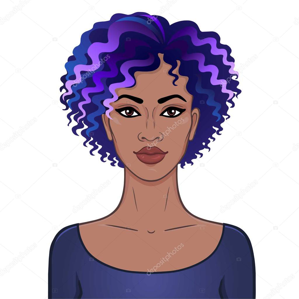 African beauty. Animation portrait of the young beautiful black woman with curly blue hair. Color drawing. Template for use. Vector illustration isolated on a white background.