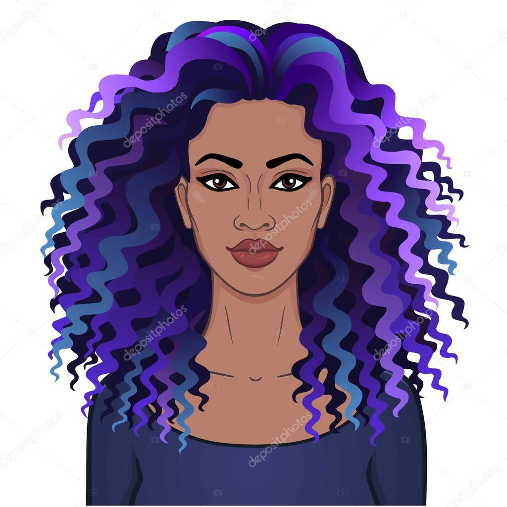 African beauty. Animation portrait of the young beautiful black woman with curly blue hair. Color drawing. Template for use. Vector illustration isolated on a white background.