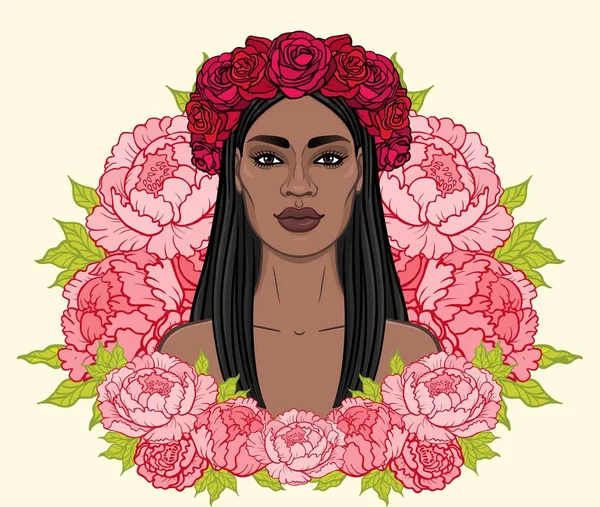 Portrait Animé Belle Femme Noire Dans Une Couronne Roses Rouges — Image vectorielle