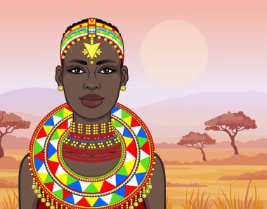 Animasyon eski giysiler ve takılar güzel Afrikalı kadın portresi. Avcı, göçebe, peri masalı tanrıça. Çizim rengi. Arka plan - bir manzara savana. Vektör çizim.
