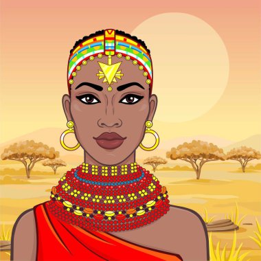 Animasyon eski giysiler ve takılar güzel Afrikalı kadın portresi. Avcı, göçebe, peri masalı tanrıça. Çizim rengi. Arka plan - bir manzara savana. Vektör çizim.
