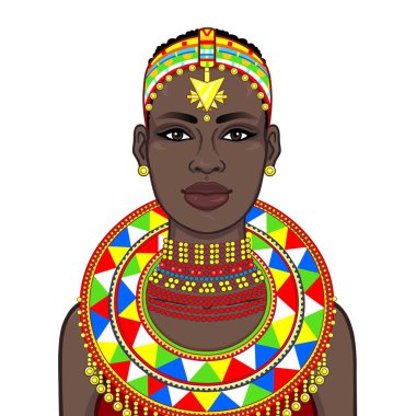 Animasyon eski giysiler ve takılar güzel Afrikalı kadın portresi. Çizim rengi. Beyaz bir arka plan üzerinde izole vektör çizim. Baskı, poster, tişört, kart.
