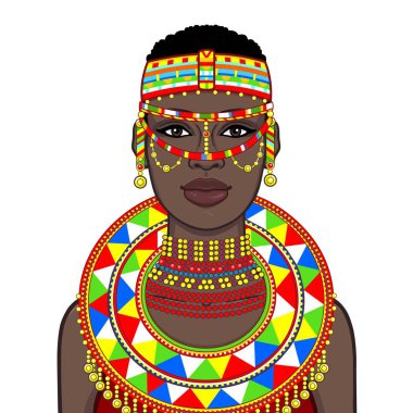 Animasyon eski giysiler ve takılar güzel Afrikalı kadın portresi. Çizim rengi. Beyaz bir arka plan üzerinde izole vektör çizim. Baskı, poster, tişört, kart.