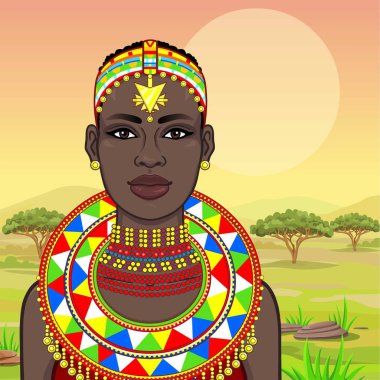 Animasyon eski giysiler ve takılar güzel Afrikalı kadın portresi. Avcı, göçebe, peri masalı tanrıça. Çizim rengi. Arka plan - bir manzara savana. Vektör çizim.