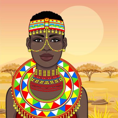 Animasyon eski giysiler ve takılar güzel Afrikalı kadın portresi. Avcı, göçebe, peri masalı tanrıça. Çizim rengi. Arka plan - bir manzara savana. Vektör çizim.