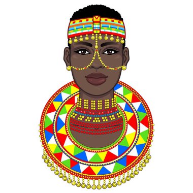Animasyon eski giysiler ve takılar güzel Afrikalı kadın portresi. Çizim rengi. Beyaz bir arka plan üzerinde izole vektör çizim. Baskı, poster, tişört, kart.