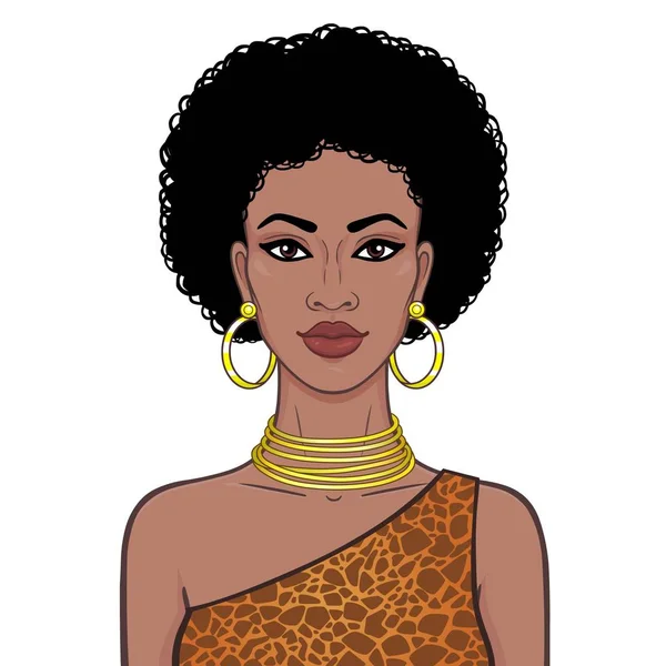 Retrato Animação Bela Mulher Africanaem Vestido Padrão Animal Jóias Ouro —  Vetores de Stock