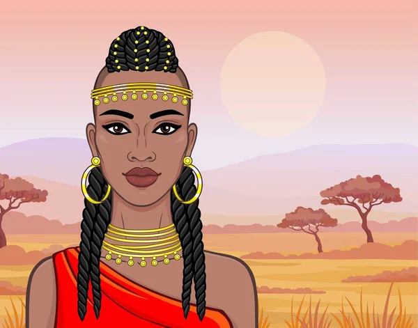 Portrait Animation Belle Femme Africaine Vêtements Anciens Bijoux Chasseur Nomade — Image vectorielle