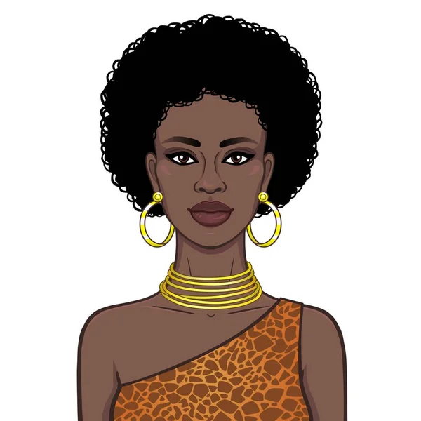 Retrato Animación Hermosa Mujer Africanaen Patrón Vestido Animal Joyas Oro — Archivo Imágenes Vectoriales