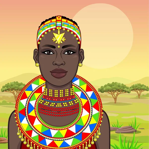 Animasyon eski giysiler ve takılar güzel Afrikalı kadın portresi. Avcı, göçebe, peri masalı tanrıça. Çizim rengi. Arka plan - bir manzara savana. Vektör çizim.