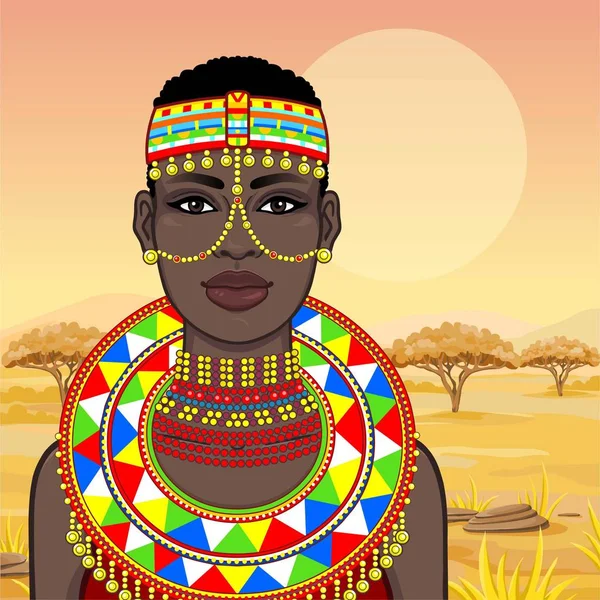 アニメーション古代服やジュエリーの美しいアフリカの女性の肖像画 ハンター ノマド おとぎ話女神 カラー描画します サバンナの風景 ベクトル図 — ストックベクタ