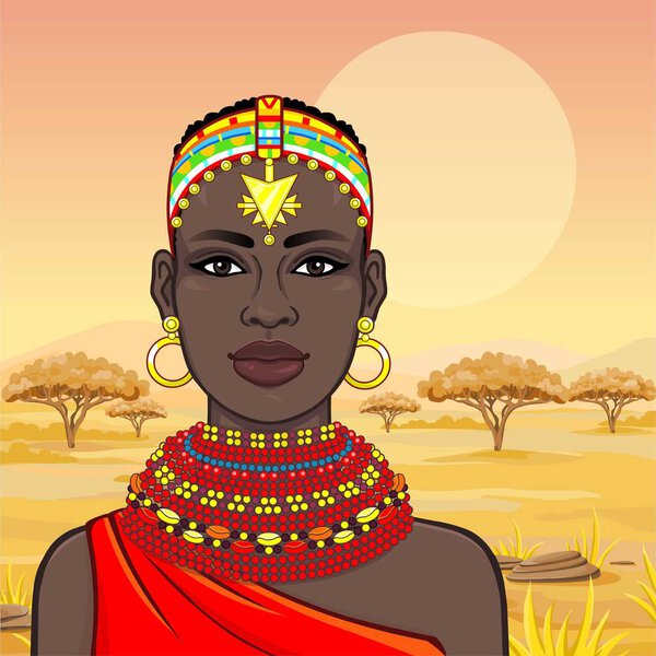 Animation portrait of the beautiful African woman in ancient clothes and jewelry. Hunter, nomad, fairy tale goddess. Color drawing. Background - a landscape the savanna. Vector illustration.