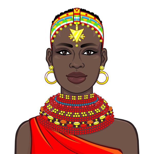 Animation portrait of the beautiful African woman in ancient clothes and jewelry. Color drawing. Vector illustration isolated on a white background. Print, poster, t-shirt, card.