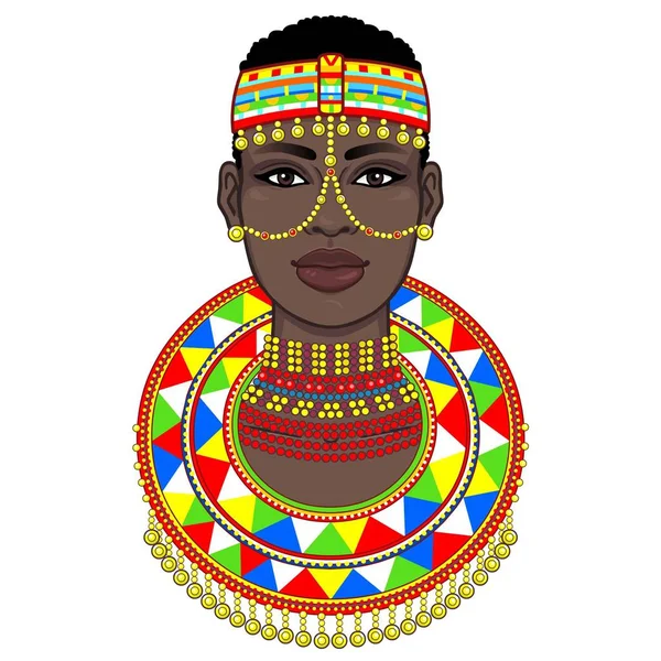 Retrato Animação Bela Mulher Africana Roupas Antigas Jóias Desenho Cores — Vetor de Stock